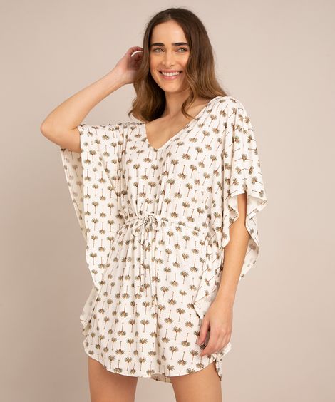 saída de praia kaftan curto estampado de coqueiros manga curta off white