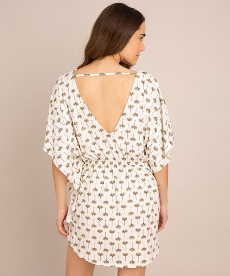 saída de praia kaftan curto estampado de coqueiros manga curta off white