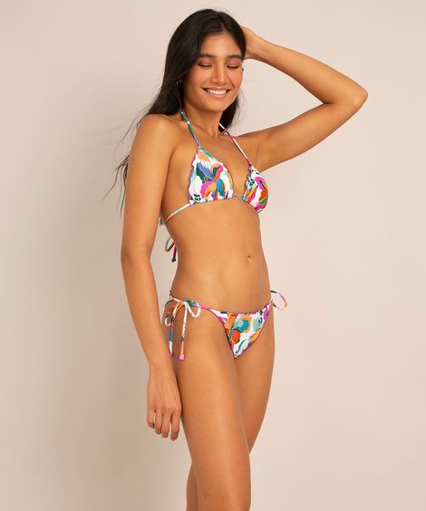 biquíni tanga estampa floral com amarração e frufru com proteção uv50+ off white