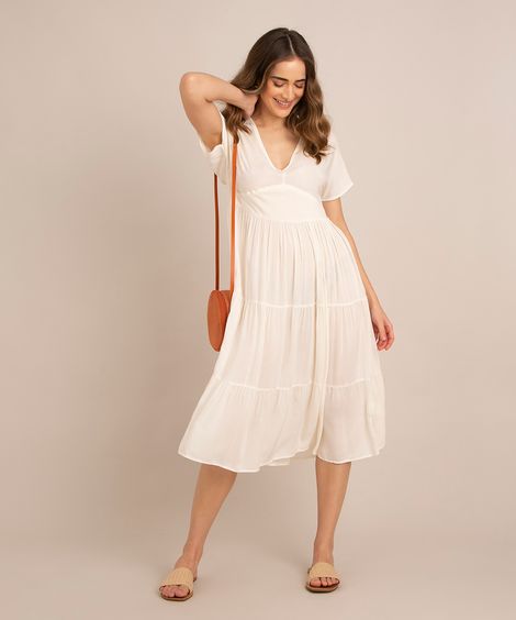 vestido midi de viscose com recorte manga curta  off white
