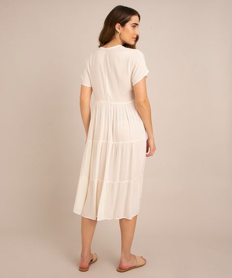 vestido midi de viscose com recorte manga curta  off white