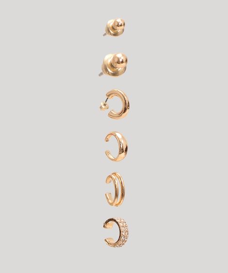 Kit 3 Brincos + 3 Piercings com Strass Dourado