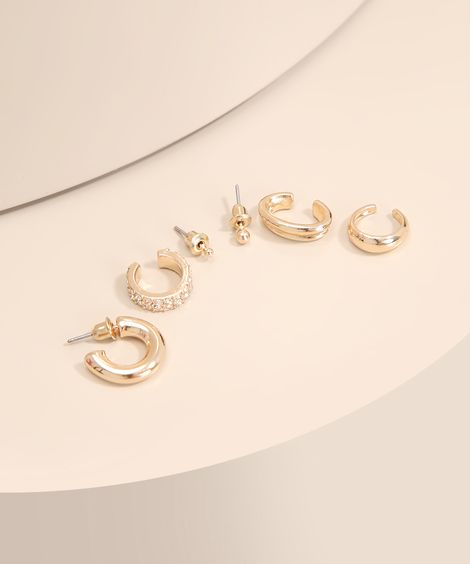 Kit 3 Brincos + 3 Piercings com Strass Dourado