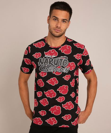 camiseta estampada nuvens naruto manga curta gola careca preta