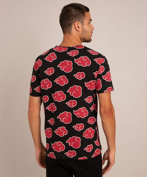camiseta estampada nuvens naruto manga curta gola careca preta
