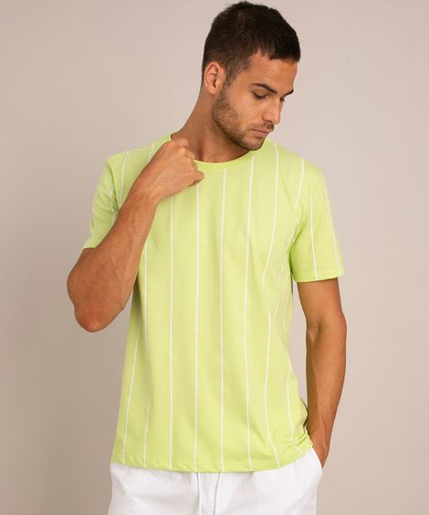 camiseta de algodão listrada manga curta gola careca verde claro