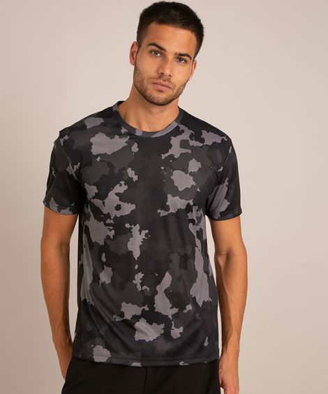 camiseta esportiva camuflada manga curta gola careca cinza