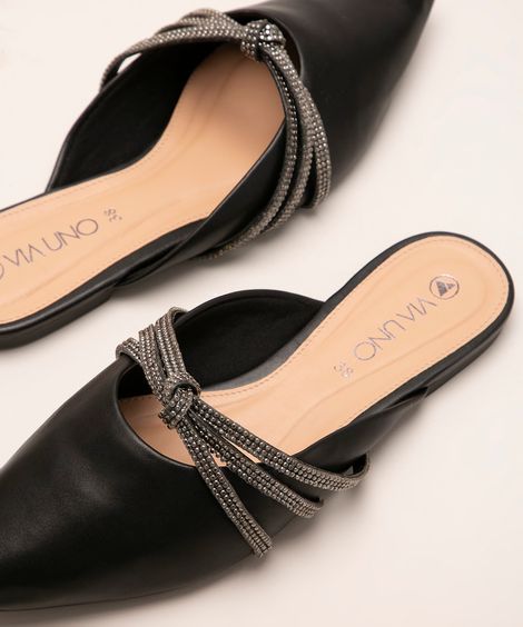 mule bico fino com tira brilhante via uno preto