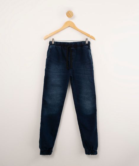 calça jeans jogger com cordão azul escuro