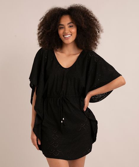 saída de praia kaftan curto de laise com amarração Preta