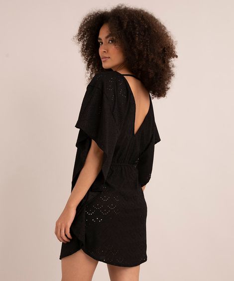 saída de praia kaftan curto de laise com amarração Preta