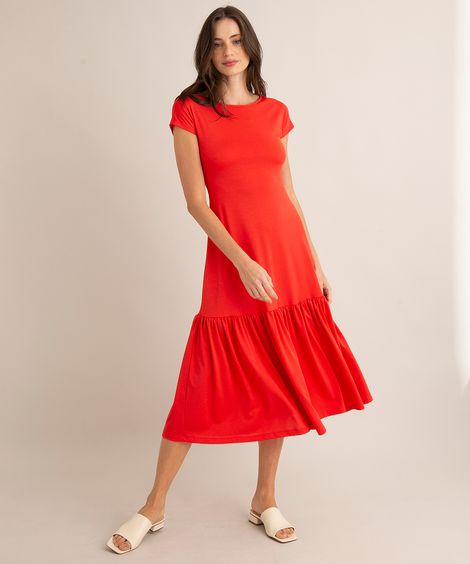 vestido midi com viscose e recorte manga curta vermelho
