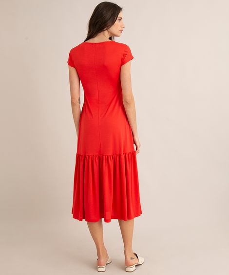vestido midi com viscose e recorte manga curta vermelho