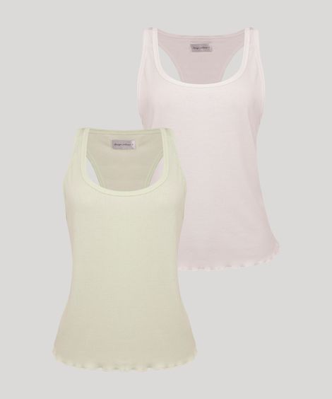 kit de 2 regatas caneladas decote redondo com frufru multicor