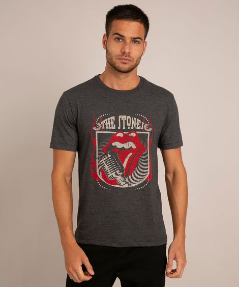 camiseta de banda the rolling stones manga curta gola careca cinza