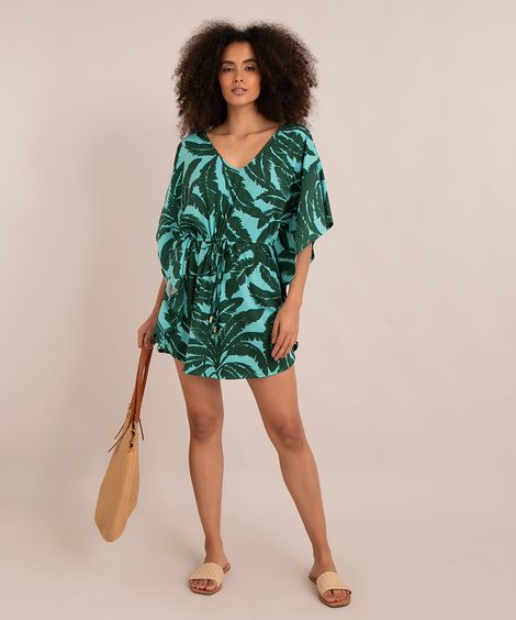 saída de praia kaftan curto estampado folhagens com amarração verde