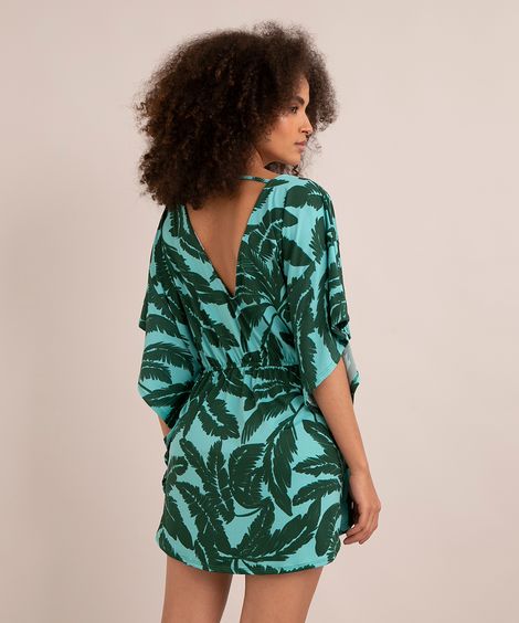 saída de praia kaftan curto estampado folhagens com amarração verde