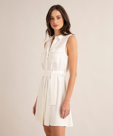 vestido curto chemise de linho com bolsos e amarração branco