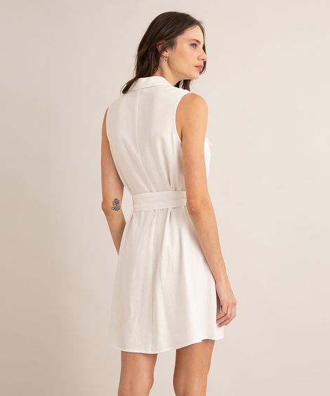 vestido curto chemise de linho com bolsos e amarração branco