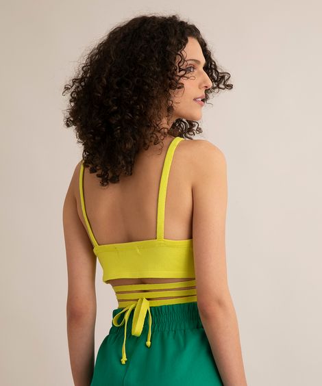top cropped de tricô alça fina transpassado com amarração verde