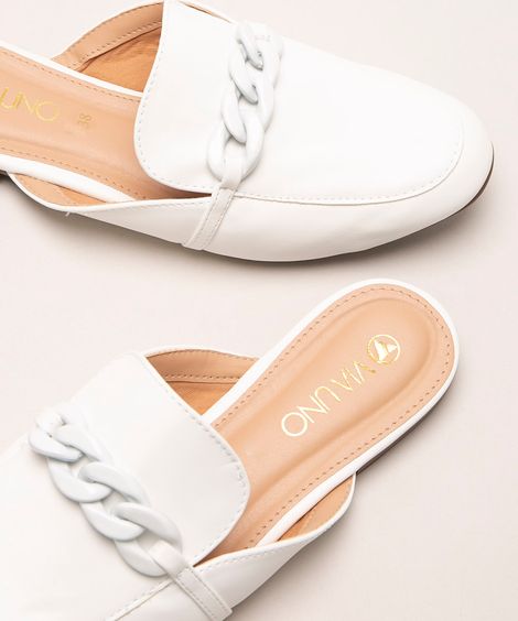 mule feminino bico redondo com corrente via uno branco