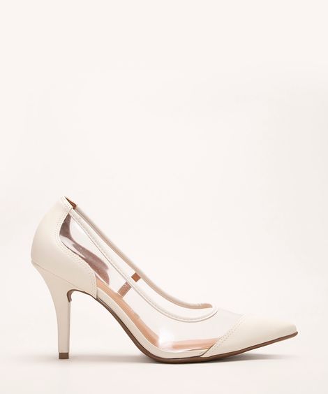 scarpin feminino com recorte em vinil bico fino salto alto fino vizzano bege claro