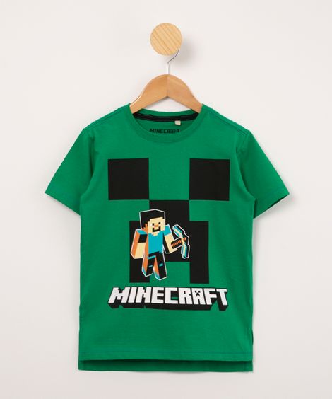 camiseta infantil de algodão minecraft com fenda manga curta verde
