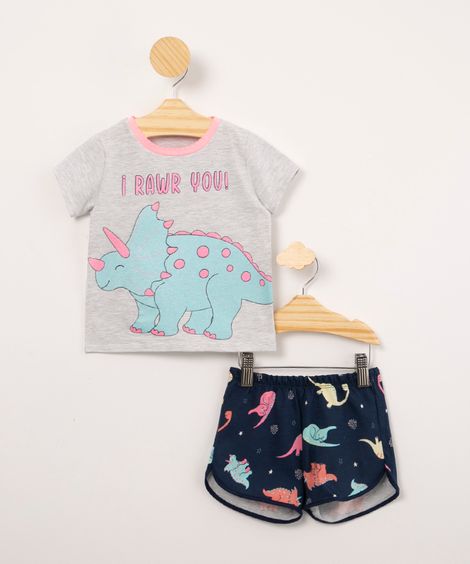 pijama infantil dinossauro "i raw you!" com glitter manga curta cinza mescla claro