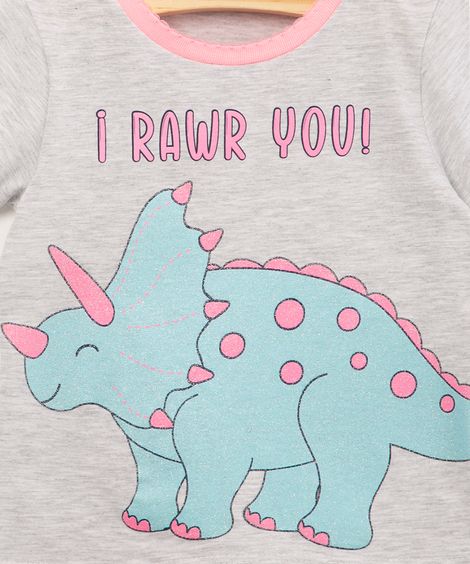 pijama infantil dinossauro "i raw you!" com glitter manga curta cinza mescla claro