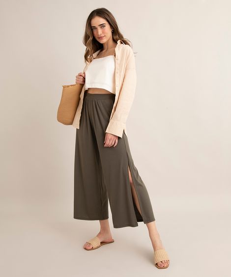 calça pantacourt com fenda cintura alta verde militar