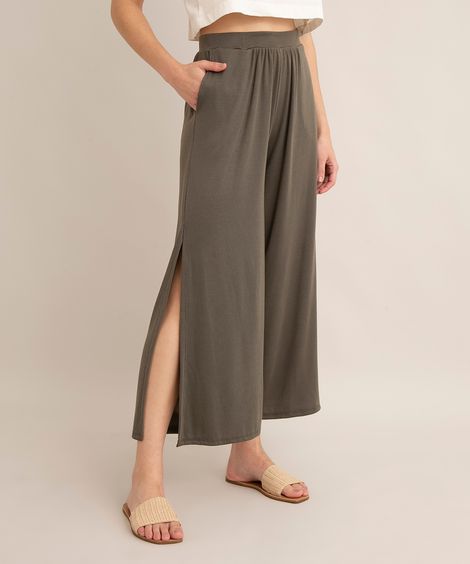 calça pantacourt com fenda cintura alta verde militar