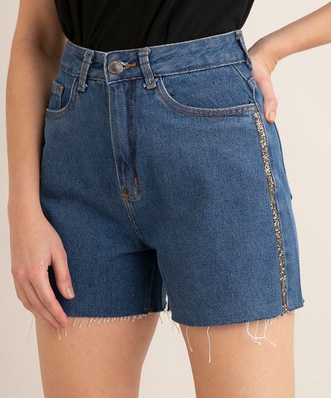 short jeans cintura super alta com faixa de strass azul escuro