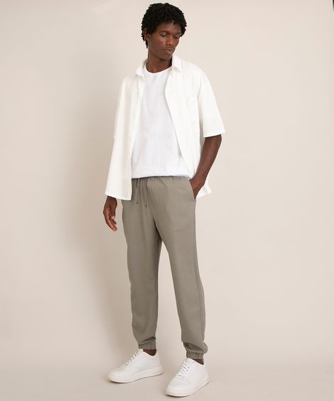 calça jogger com linho cordão e bolsos kaki