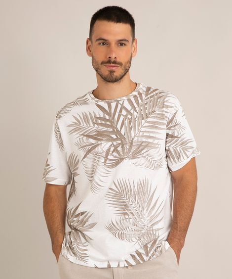 camiseta comfort de algodão estampada folhagem manga curta gola careca branca