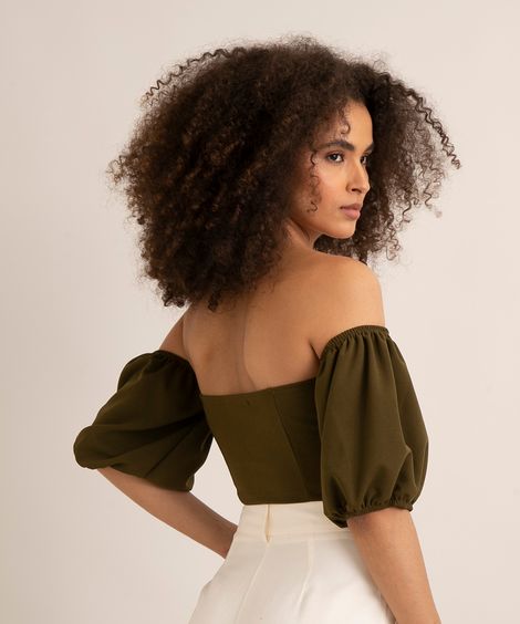 blusa cropped corset manga bufante ombro a ombro verde militar