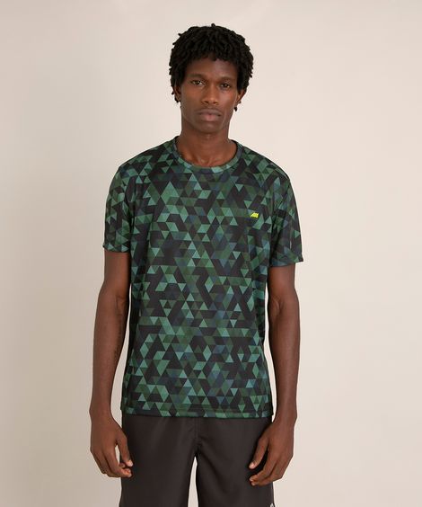 camiseta esportiva estampada triângulos manga curta gola careca verde