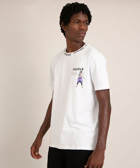 camiseta de algodão sasuke uchiha naruto manga curta gola careca branca