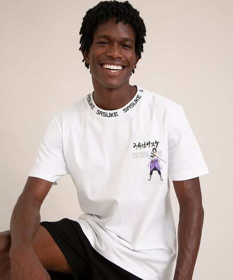 camiseta de algodão sasuke uchiha naruto manga curta gola careca branca