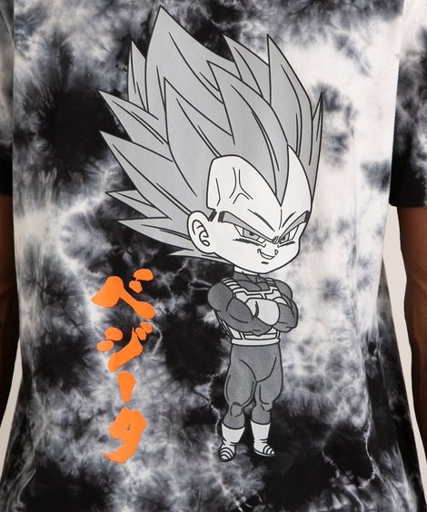 camiseta de algodão estampada tie dye vegeta dragon ball manga curta gola careca preta