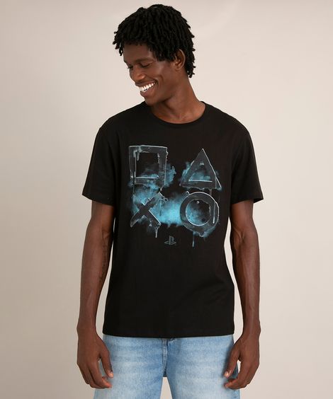camiseta de algodão playstation manga curta gola careca preta