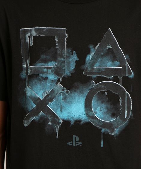 camiseta de algodão playstation manga curta gola careca preta
