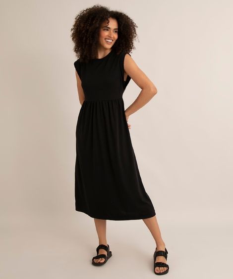 vestido midi regata decote redondo com recorte preto