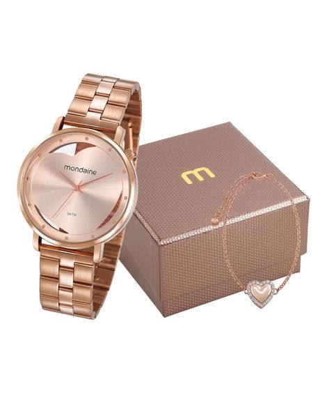 kit de relógio mondaine feminino  analógico  53748lpmkre2k1 +  pulseira rosê