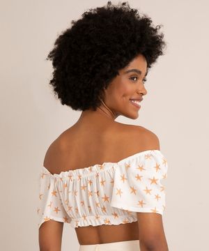 blusa cropped de viscose estampada estrela manga bufante ombro a ombro off white