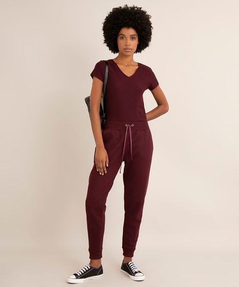 Calça Jogger de Moletom Felpado Básica com Bolsos Cintura Alta Vinho