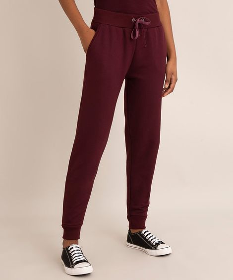 Calça Jogger de Moletom Felpado Básica com Bolsos Cintura Alta Vinho