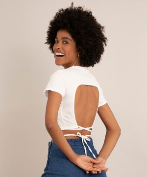 blusa cropped canelada com amarração manga curta decote redondo off white