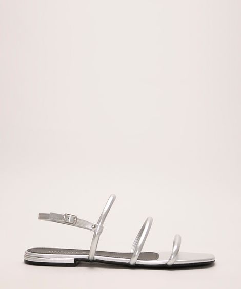 sandália rasteira bico quadrado oneself prateada