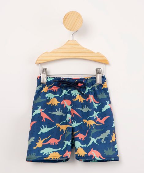 bermuda de surf infantil estampada dinossauro com bolso azul marinho