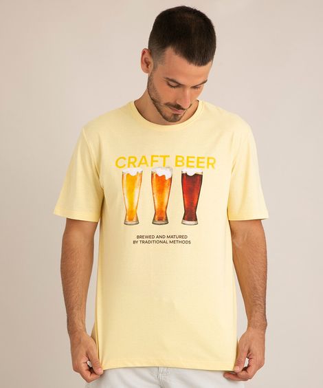 camiseta comfort de algodão "craft beer" manga curta gola careca amarela